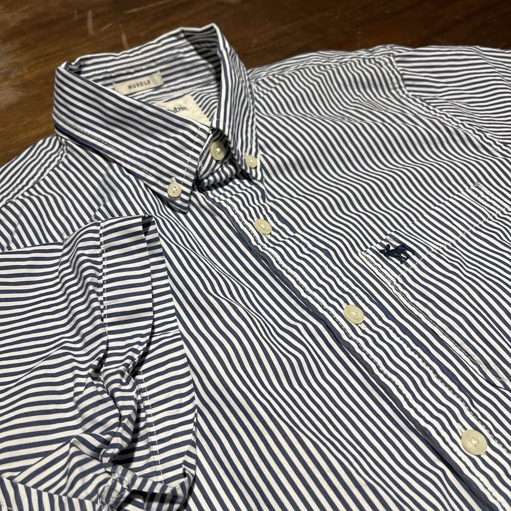 Abercrombie & Fitch Oxford Button Down Shirt Mens S Muscle White Blue Striped - Picture 1 of 11